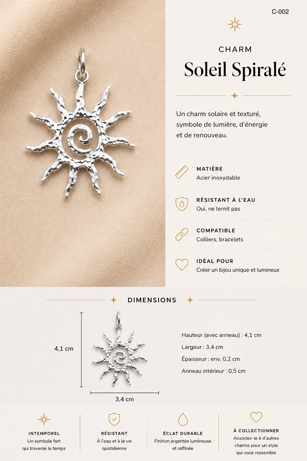 C-002 charm soleil spirale argent