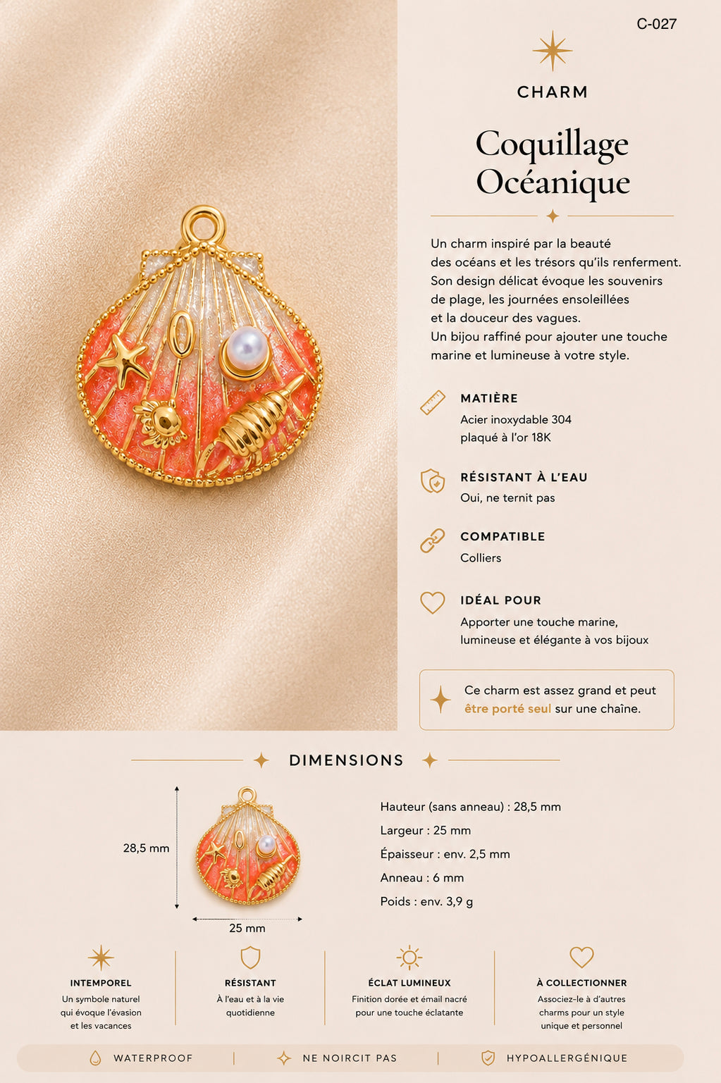 C-027 Charm Coquillage océanique rosé