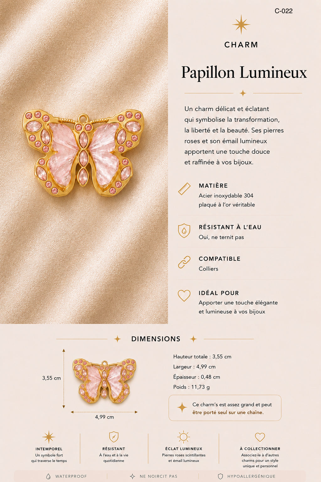 C-022 Charm Papillon lumineux - rose
