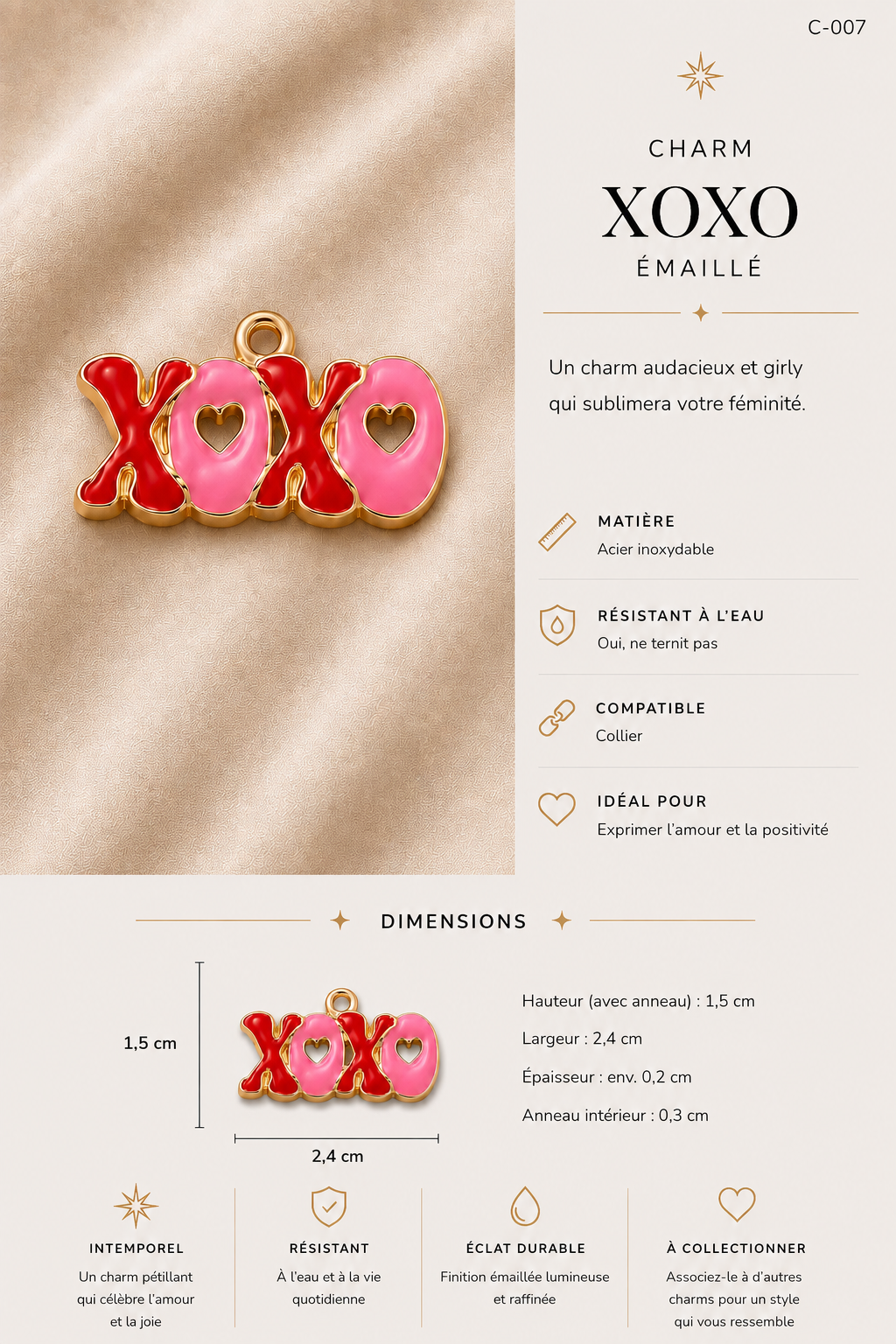 C-007  Charm XoXo rose et rouge